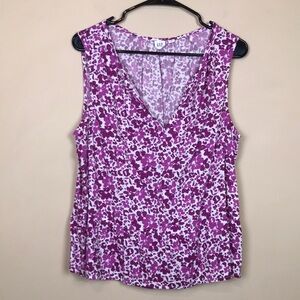 GAP Women's Floral Print Purple White Split Neck Pleated Hem Tank Blouse